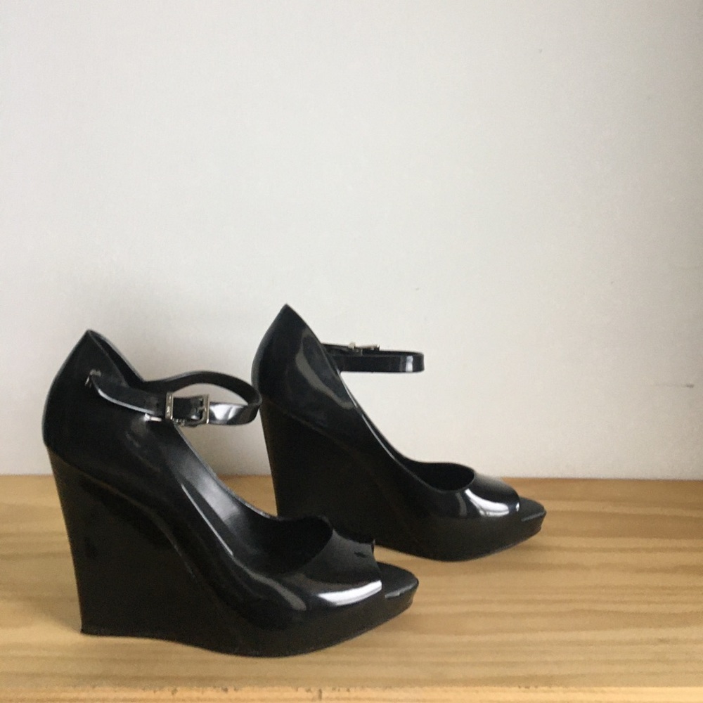 Melissa Black Patent Peep Toe Wedge Ankle Strap Heels Vegan Size 7 PVC Shoes